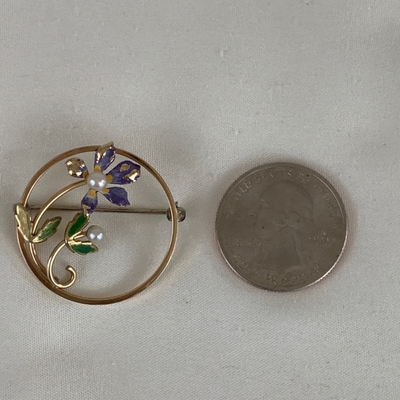 Krementz Enamel Pearl Floral Art Nouvea Brooch Pin - Picture 4 of 5